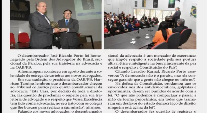 Desembargador José Ricardo Porto recebe homenagem da OAB/Paraíba